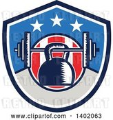 Vector Clip Art of Retro Woodcut Kettlebell Hanging on a Barbell in an American Shield by Patrimonio