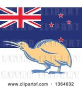 Vector Clip Art of Retro Woodcut Kiwi Bird over a New Zealand Flag by Patrimonio