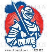 Vector Clip Art of Retro Woodcut Knight in Armour over a Red Circle by Patrimonio