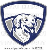 Vector Clip Art of Retro Woodcut Kuvasz Dog Head Panting in a Gray Blue and White Shield by Patrimonio