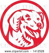 Vector Clip Art of Retro Woodcut Kuvasz Dog Head Panting in a Red and White Circle by Patrimonio