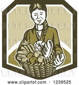 Vector Clip Art of Retro Woodcut Lady Holding a Basket of Harvest Foods and Bread by Patrimonio