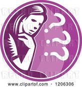 Vector Clip Art of Retro Woodcut Lady Thinking and Worrying in a Purple Circle by Patrimonio