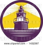 Vector Clip Art of Retro Woodcut Lighthouse with Lights Shining in a Purple, White and Yellow Circle by Patrimonio