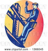 Vector Clip Art of Retro Woodcut Lineman on a Post, in a Sunset Oval by Patrimonio