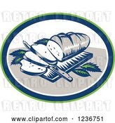 Vector Clip Art of Retro Woodcut Loaf of Bread with Slices and Knife on a Board in an Oval by Patrimonio