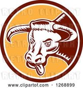 Vector Clip Art of Retro Woodcut Longhorn Bull with Its Tongue Hanging out in a Brown White and Yellow Circle by Patrimonio
