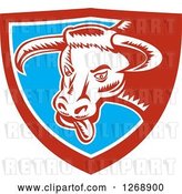 Vector Clip Art of Retro Woodcut Longhorn Bull with Its Tongue Hanging out in a Red White and Blue Shield by Patrimonio