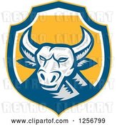 Vector Clip Art of Retro Woodcut Longhorn Steer Bull in a Blue White and Yellow Shield by Patrimonio