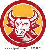 Vector Clip Art of Retro Woodcut Longhorn Steer Bull in a Red and Yellow Circle by Patrimonio