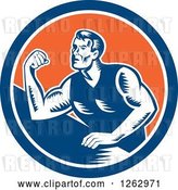 Vector Clip Art of Retro Woodcut Male Arm Wrestling Champion in a Blue White and Orange Circle by Patrimonio
