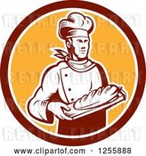 Vector Clip Art of Retro Woodcut Male Baker with Bread in a Circle by Patrimonio
