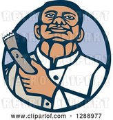 Vector Clip Art of Retro Woodcut Male Barber Holding Clippers in a Blue Circle by Patrimonio