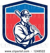 Vector Clip Art of Retro Woodcut Male Baseball Player and Bat in a Shield by Patrimonio