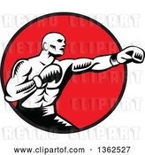 Vector Clip Art of Retro Woodcut Male Boxer Jabbing in a Red Circle by Patrimonio