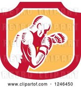 Vector Clip Art of Retro Woodcut Male Boxer Punching in a Shield by Patrimonio