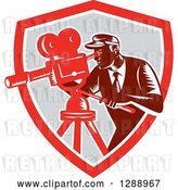 Vector Clip Art of Retro Woodcut Male Cameraman Working in a Red White and Gray Shield by Patrimonio