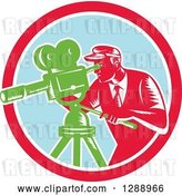 Vector Clip Art of Retro Woodcut Male Cameraman Working in a Red White and Pastel Blue Circle by Patrimonio