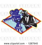 Vector Clip Art of Retro Woodcut Male Cameraman Working in a Yellow Red and Blue Diamond by Patrimonio