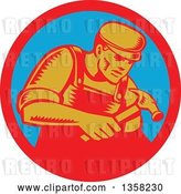 Vector Clip Art of Retro Woodcut Male Carpenter Worker Using a Hammer in a Red and Blue Circle by Patrimonio
