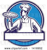 Vector Clip Art of Retro Woodcut Male Chef Holding a Pizza Pie in a Blue Design by Patrimonio