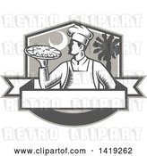 Vector Clip Art of Retro Woodcut Male Chef Holding a Pizza Pie in a Shield with a Moon and Palmetto Tree by Patrimonio