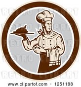 Vector Clip Art of Retro Woodcut Male Chef Serving a Roasted Chicken in a Gray and Brown Circle by Patrimonio