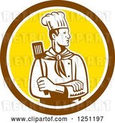 Vector Clip Art of Retro Woodcut Male Chef with a Spatula in a Brown and Yellow Circle by Patrimonio