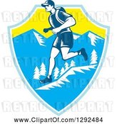 Vector Clip Art of Retro Woodcut Male Cross Country Runner over Mountains in a Blue White and Yellow Shield by Patrimonio