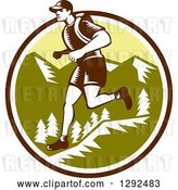 Vector Clip Art of Retro Woodcut Male Cross Country Runner over Mountains in a Brown White and Green Circle by Patrimonio