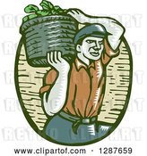 Vector Clip Art of Retro Woodcut Male Farmer Carring a Basket of Harvest Vegetables on His Shoulder by Patrimonio