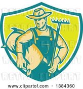 Vector Clip Art of Retro Woodcut Male Farmer Holding a Rake and Sack in a Turquoise White and Green Shield by Patrimonio