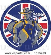 Vector Clip Art of Retro Woodcut Male Farmer Holding a Rake and Sack in a Union Jack Flag Circle by Patrimonio