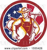 Vector Clip Art of Retro Woodcut Male Farmer Holding a Rake and Sack in an American Flag Circle by Patrimonio