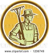 Vector Clip Art of Retro Woodcut Male Farmer Holding a Rake in a Yellow Circle by Patrimonio