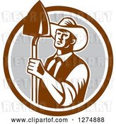 Vector Clip Art of Retro Woodcut Male Farmer Holding a Shovel in a Brown White and Gray Circle by Patrimonio