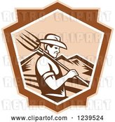 Vector Clip Art of Retro Woodcut Male Farmer with a Pitchfork and Mountains in a Shield by Patrimonio