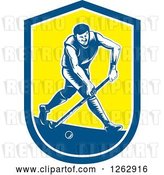 Vector Clip Art of Retro Woodcut Male Field Hokey Player in a Blue White and Yellow Shield by Patrimonio