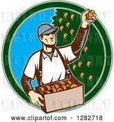 Vector Clip Art of Retro Woodcut Male Fruit Picker Harvesting Oranges in a Green and Blue Circle by Patrimonio