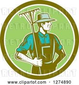 Vector Clip Art of Retro Woodcut Male Gardener or Farmer Holding a Rake in a Green and White Circle by Patrimonio