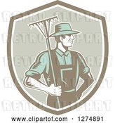 Vector Clip Art of Retro Woodcut Male Gardener or Farmer Holding a Rake in a Shield by Patrimonio