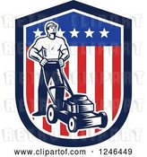 Vector Clip Art of Retro Woodcut Male Gardener with a Mower in an American Shield by Patrimonio