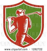 Vector Clip Art of Retro Woodcut Male Golfer Swinging a Club in a Red White and Green Shield by Patrimonio