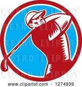 Vector Clip Art of Retro Woodcut Male Golfer Swinging in a Red White and Blue Circle by Patrimonio