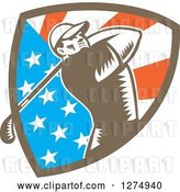 Vector Clip Art of Retro Woodcut Male Golfer Swinging in an American Flag Shield by Patrimonio