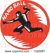Vector Clip Art of Retro Woodcut Male Handball Player in Action, with Text in a Red Circle by Patrimonio