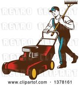 Vector Clip Art of Retro Woodcut Male Landscaper Carrying a Rake and Pushing a Lawn Mower by Patrimonio