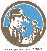 Vector Clip Art of Retro Woodcut Male Magician Juggling in a Brown White and Blue Circle by Patrimonio
