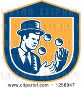 Vector Clip Art of Retro Woodcut Male Magician Juggling in a Yellow Blue and White Shield by Patrimonio