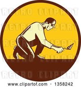 Vector Clip Art of Retro Woodcut Male Mason Worker Kneeling and Using a Trowel in a Brown and Yellow Circle by Patrimonio